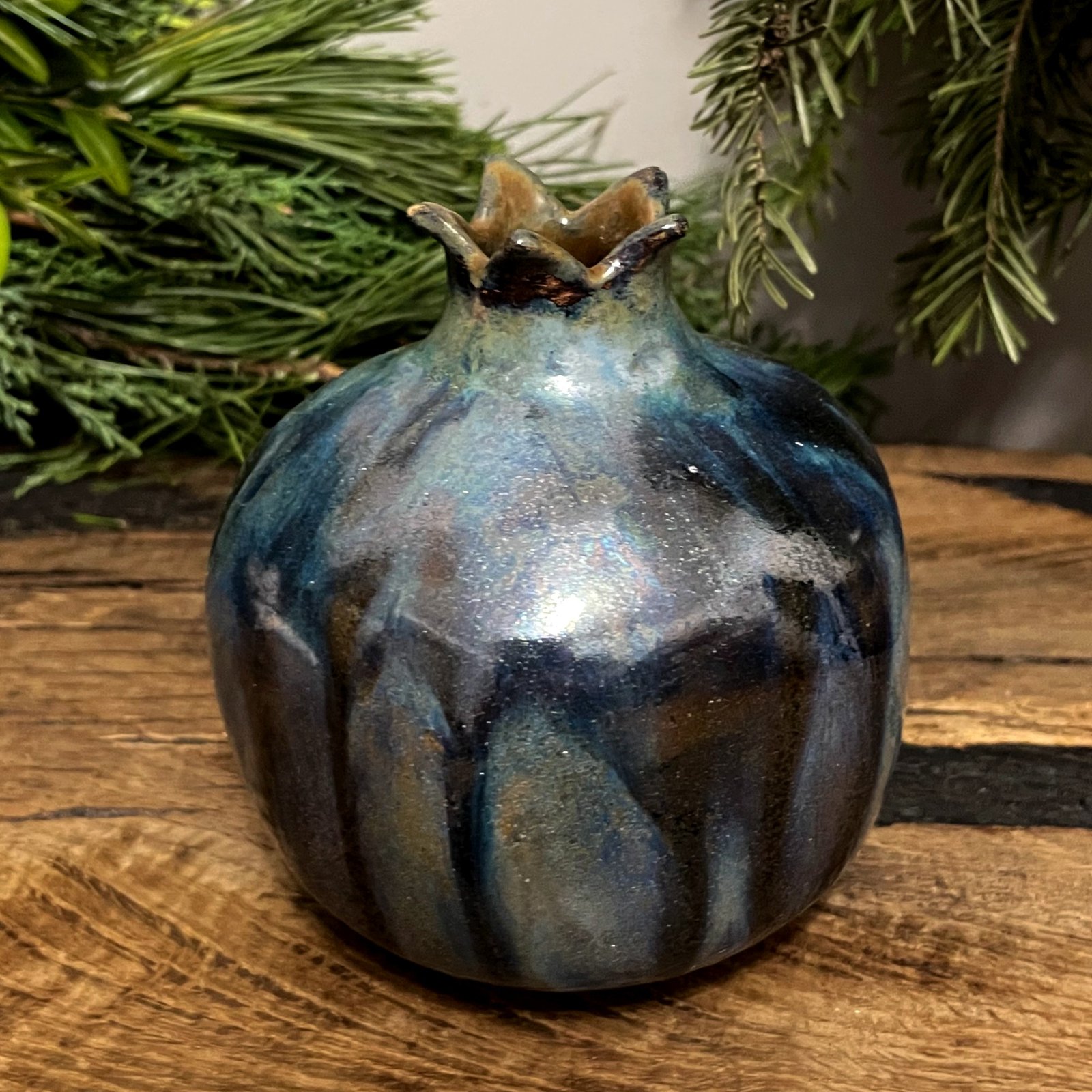 Handmade pottery pomegranate vase with red accent